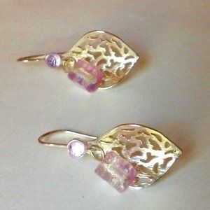 Silver Pierced Earrings With Purple Stone & Bead New Dainty Hangs 1 1/4" Bead